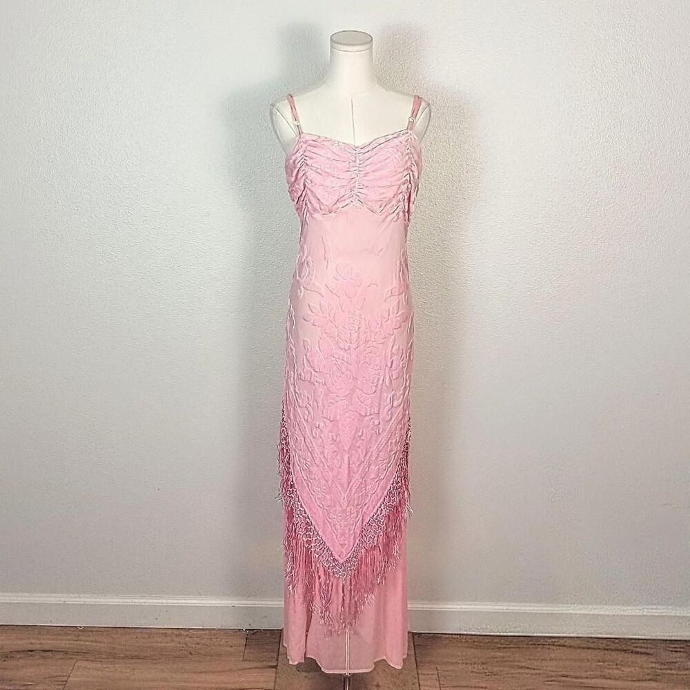 Y2K Pink Silk Burnout Velvet Fringe Fairy Dress